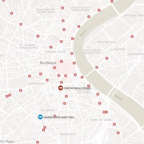 localisation b&b Bordeaux Localisation de nos deux maisons d'hôtes à Bordeaux. Maison bleue quartier Saint Genès | L'invitation quartier Sainte Eulalie Musée d'Aquitaine. Localisation en centre ville proche des Trams B et A. Connexion à l'Aéroport et la Gare.